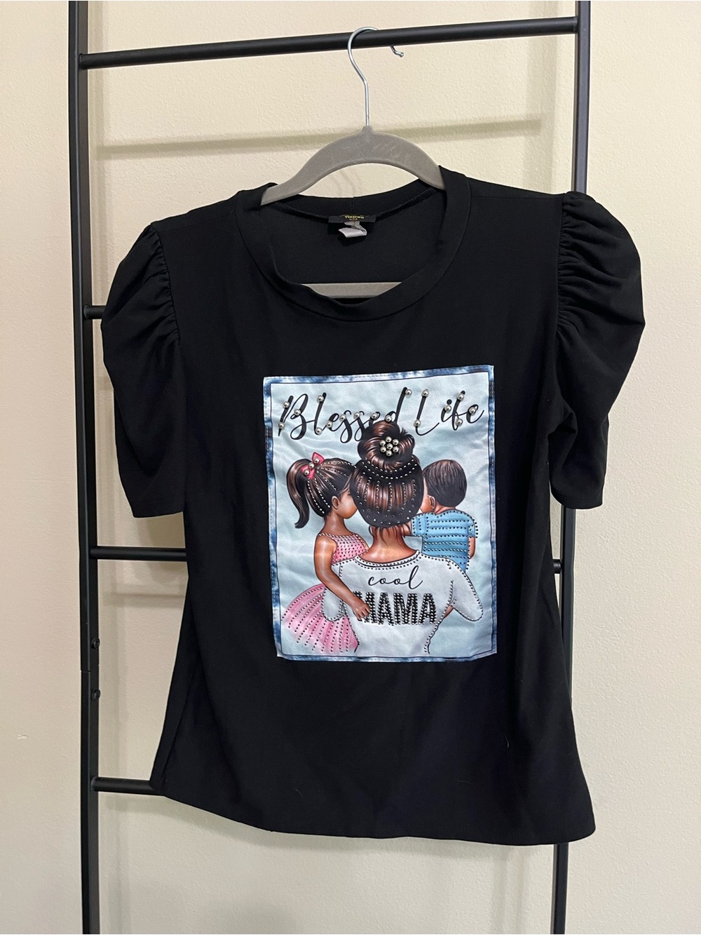 Cool Mama Embellished Puff Sleeve Graphic Tee Top 3D Small Glam Mother S